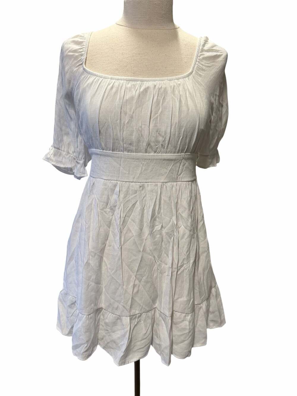 Trixxi White Square Neck Tie Back Ruffle Hem Mini Dress Size L